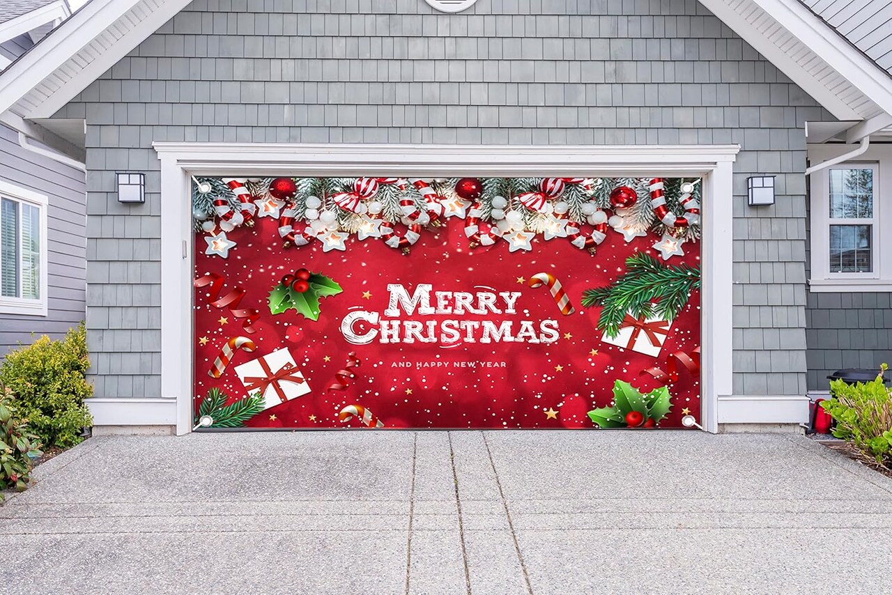 Christmas Garage Door Banner Decoration Large Christmas Garage Cover for Indoor Outdoor Holiday Party Supplies, Red Ornaments Backdrop Sign 6X13 FT